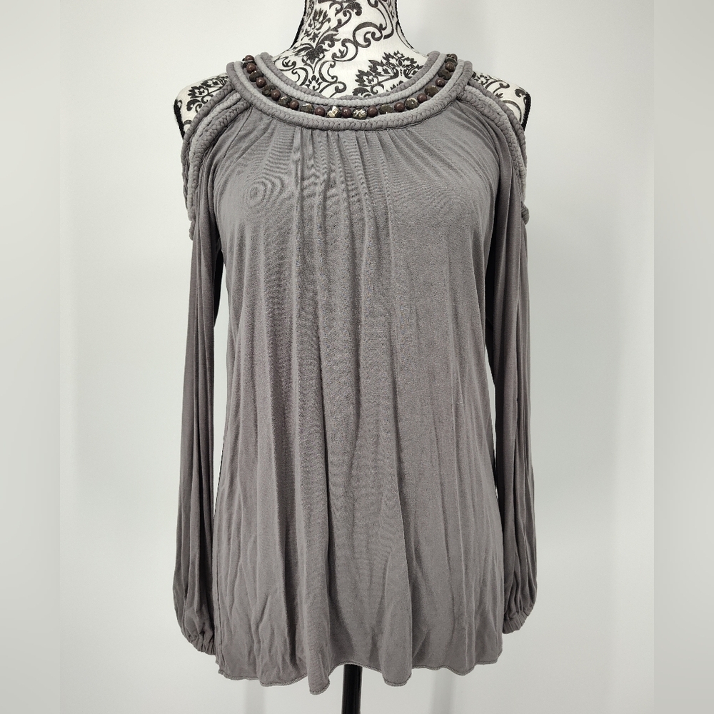 Tractr Gray Cold Shoulder Long Sleeve Beaded Blouse Size Women's X Small